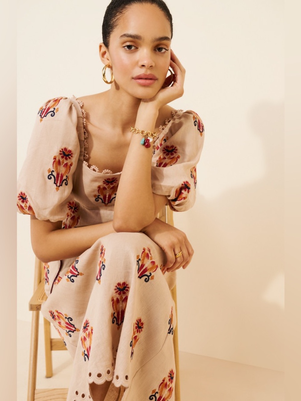 Farm Rio Rose Embroidered Macaw Maxi Dress in Beige Multi | M - Picture 4 of 16